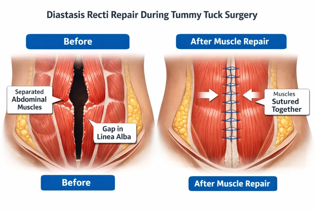Diastasis recti repair during tummy tuck surgery showing abdominal muscle plication technique