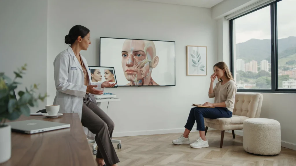 cirujano plástico explicando cómo la rinoplastia puede afectar temporalmente la voz y la sonrisa en Colombia