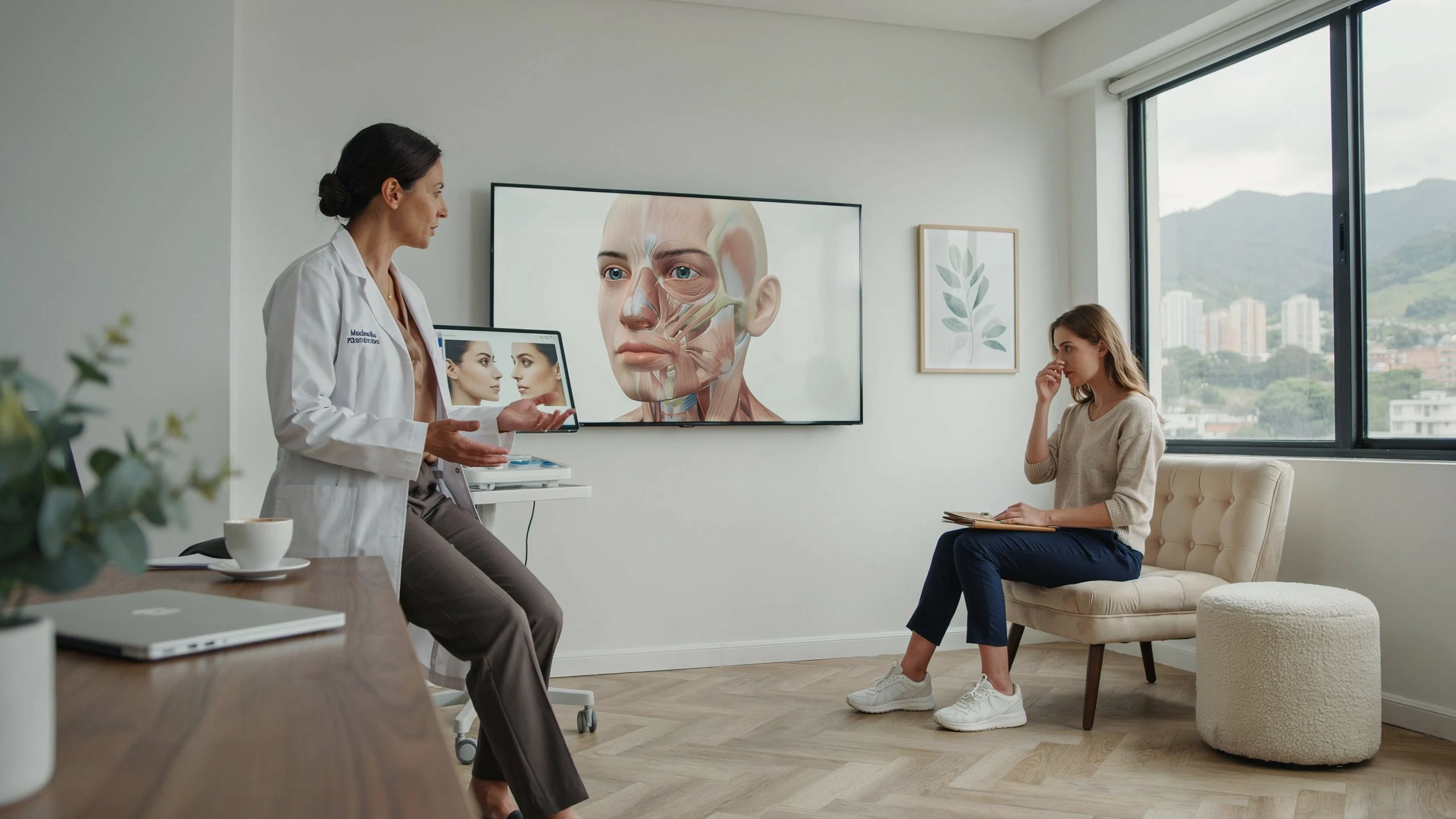 cirujano plástico explicando cómo la rinoplastia puede afectar temporalmente la voz y la sonrisa en Colombia