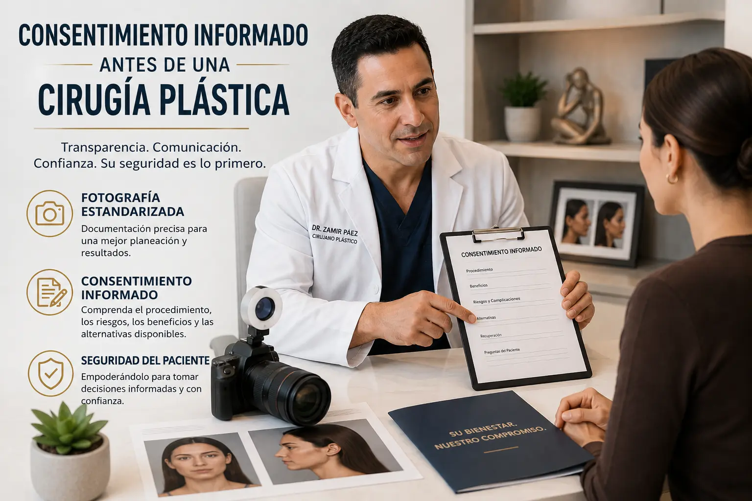 Cirujano plástico explicando el consentimiento informado antes de una cirugía plástica durante una consulta en Colombia