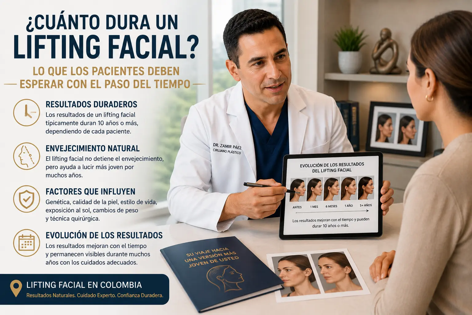 Cirujano plástico explicando cuánto duran los resultados de un lifting facial durante una consulta en Colombia