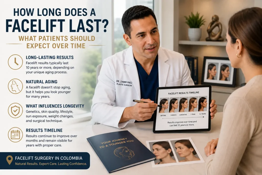 Plastic surgeon discussing facelift longevity and long-term facial rejuvenation results with a patient in Dubai