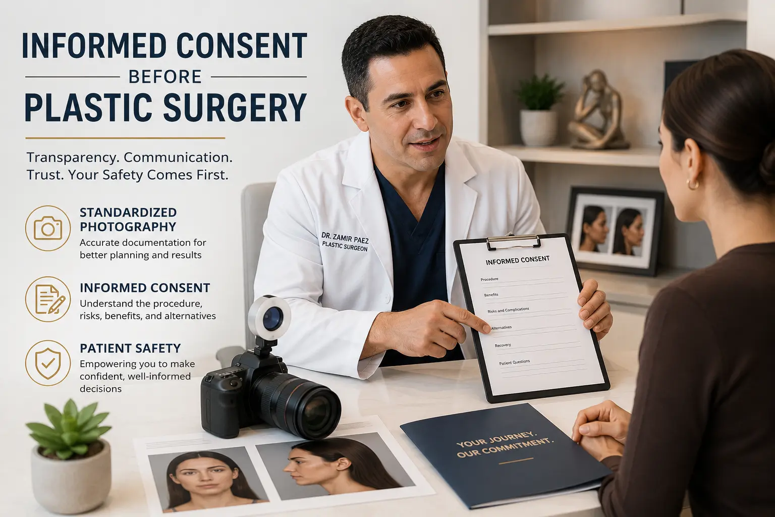 Patient discussing informed consent before plastic surgery consultation with Dr. Zamir Paez in Colombia
